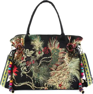 Jursccu Women Canvas Tote Bags Embroidery Handbags Stylish Casual Shoulder Bags