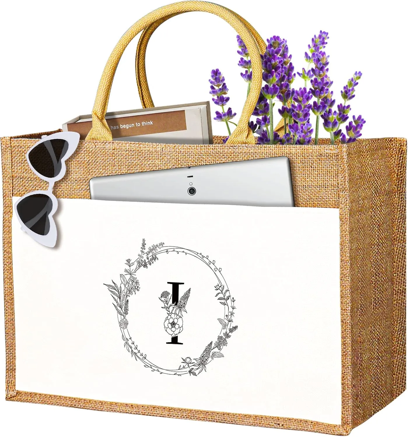 JUSTOTRY Initial Tote Bag - Natural Jute Large 13OZ Utility Personalized Canva Tote Bag Monogrammed Gift for Women