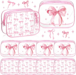 Kacctyen 10 Pcs Pink Bow Clear Makeup Bag Coquette Gifts Cosmetic Bags for Women Pink Bow PVC Waterproof Travel Toiletry Makeup Pouch Aesthetic Coquette Birthday Party Favor for Nurse Mothers Day Gift