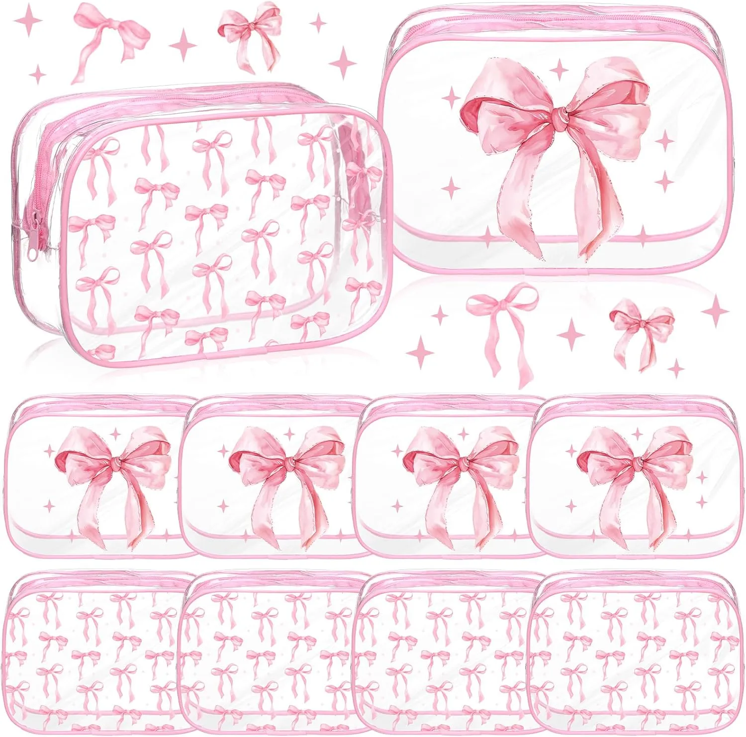 Kacctyen 10 Pcs Pink Bow Clear Makeup Bag Coquette Gifts Cosmetic Bags for Women Pink Bow PVC Waterproof Travel Toiletry Makeup Pouch Aesthetic Coquette Birthday Party Favor for Nurse Mothers Day Gift