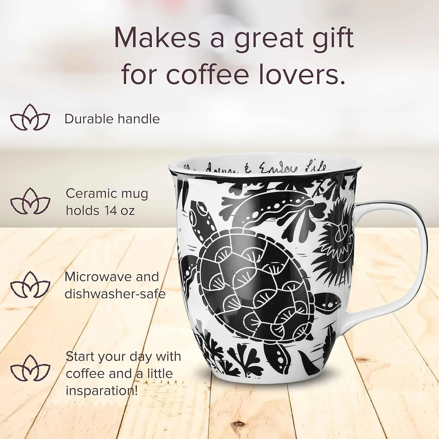 Karma Gifts 16 oz Black and White Boho Mug Sea Turtle - Cute Coffee and Tea Mug - Ceramic Coffee Mugs for Women and Men, 1 Count (Pack of 1)