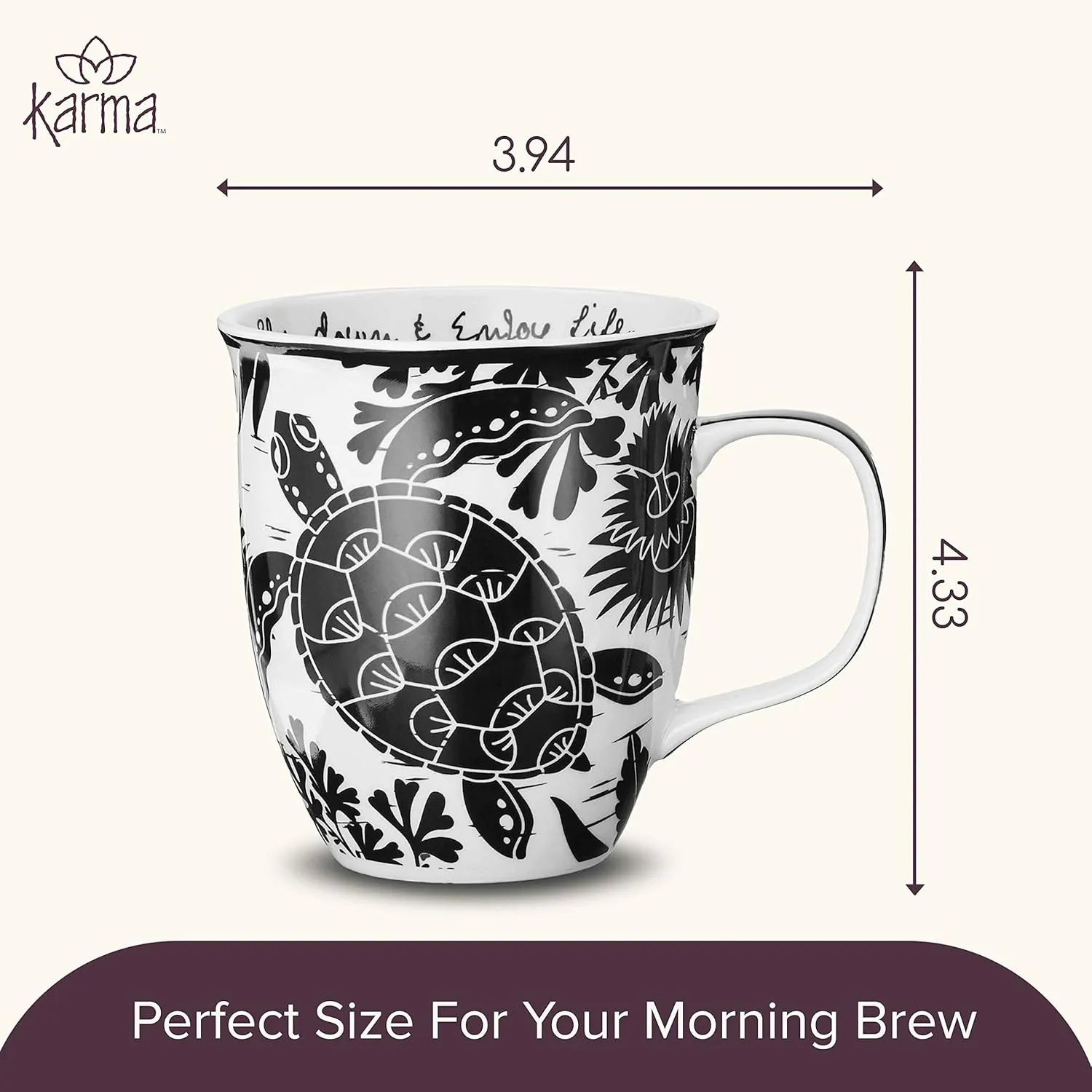 Karma Gifts 16 oz Black and White Boho Mug Sea Turtle - Cute Coffee and Tea Mug - Ceramic Coffee Mugs for Women and Men, 1 Count (Pack of 1)