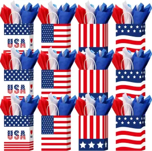 Keioy 24Pcs Patriotic Gift Bag with Handles,Red White Blue Tissue Paper American Flag Party Favor Bags，Decorative for Veterans Day,Memorial Day and Fourth of July
