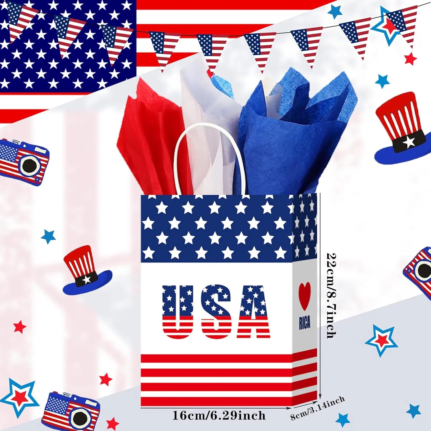 Keioy 24Pcs Patriotic Gift Bag with Handles,Red White Blue Tissue Paper American Flag Party Favor Bags，Decorative for Veterans Day,Memorial Day and Fourth of July