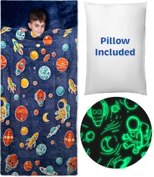 Kids Sleeping Bag for Boys & Girls - Glow in The Dark for Ages 3 , Large With Pillow Pocket, Extra Soft Toddler Blanket (66" x 33")