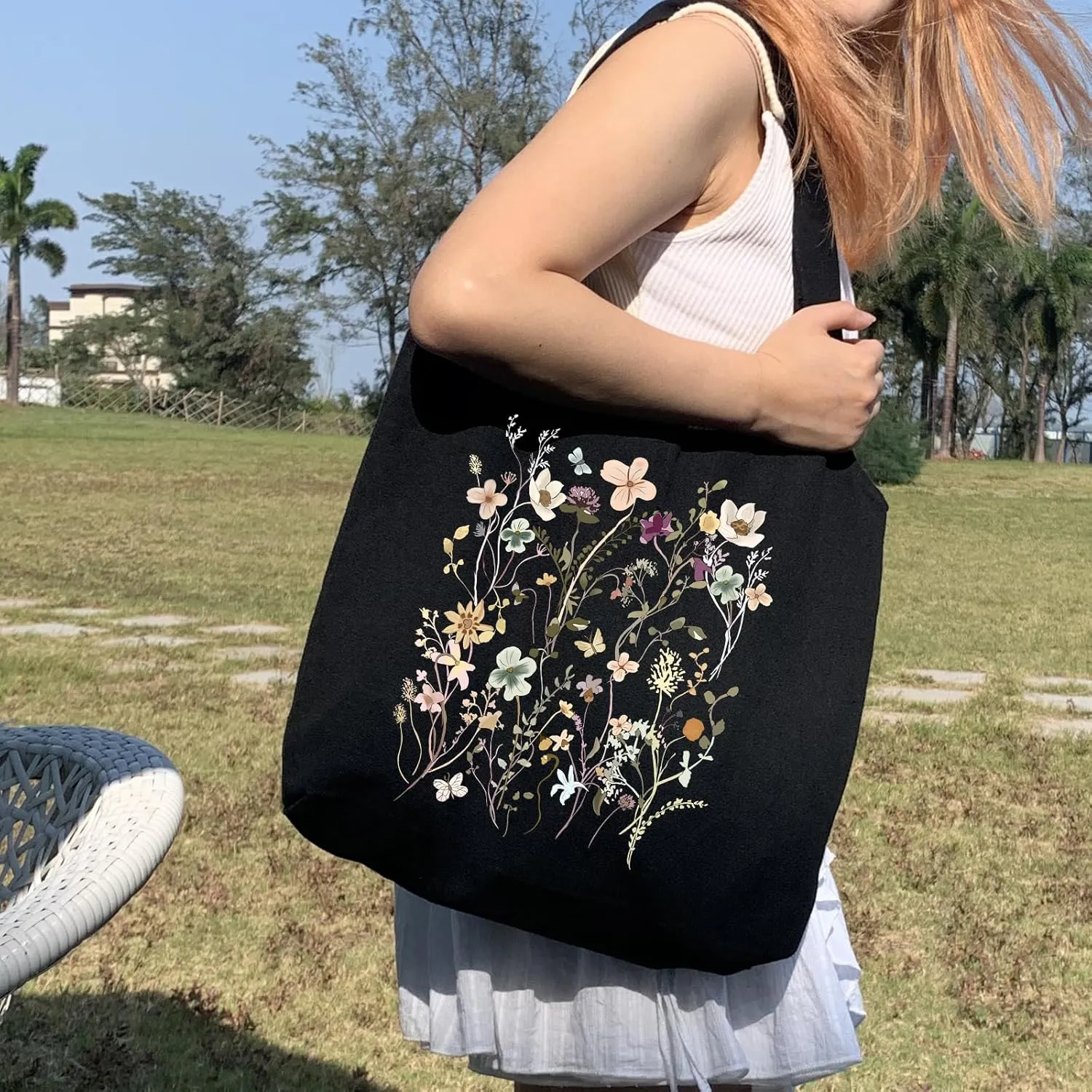 KIEKIECOO Canvas Tote Bag Black Aesthetic Personalized Custom Reusable Grocery Bags Floral Line Art Shopping Shoulder Bag
