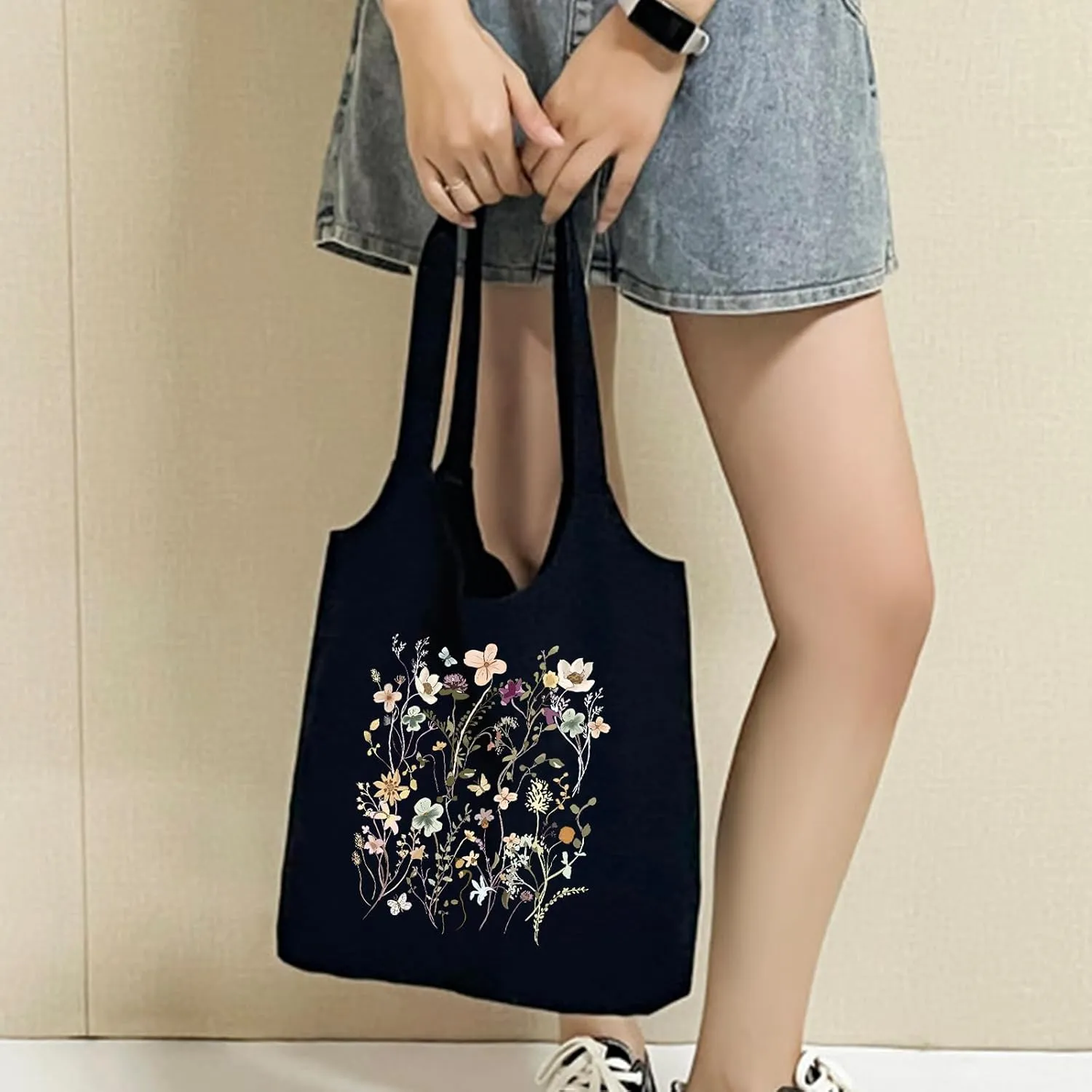 KIEKIECOO Canvas Tote Bag Black Aesthetic Personalized Custom Reusable Grocery Bags Floral Line Art Shopping Shoulder Bag