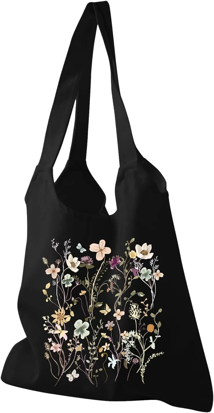 KIEKIECOO Canvas Tote Bag Black Aesthetic Personalized Custom Reusable Grocery Bags Floral Line Art Shopping Shoulder Bag
