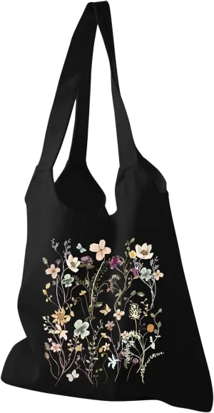 KIEKIECOO Canvas Tote Bag Black Aesthetic Personalized Custom Reusable Grocery Bags Floral Line Art Shopping Shoulder Bag