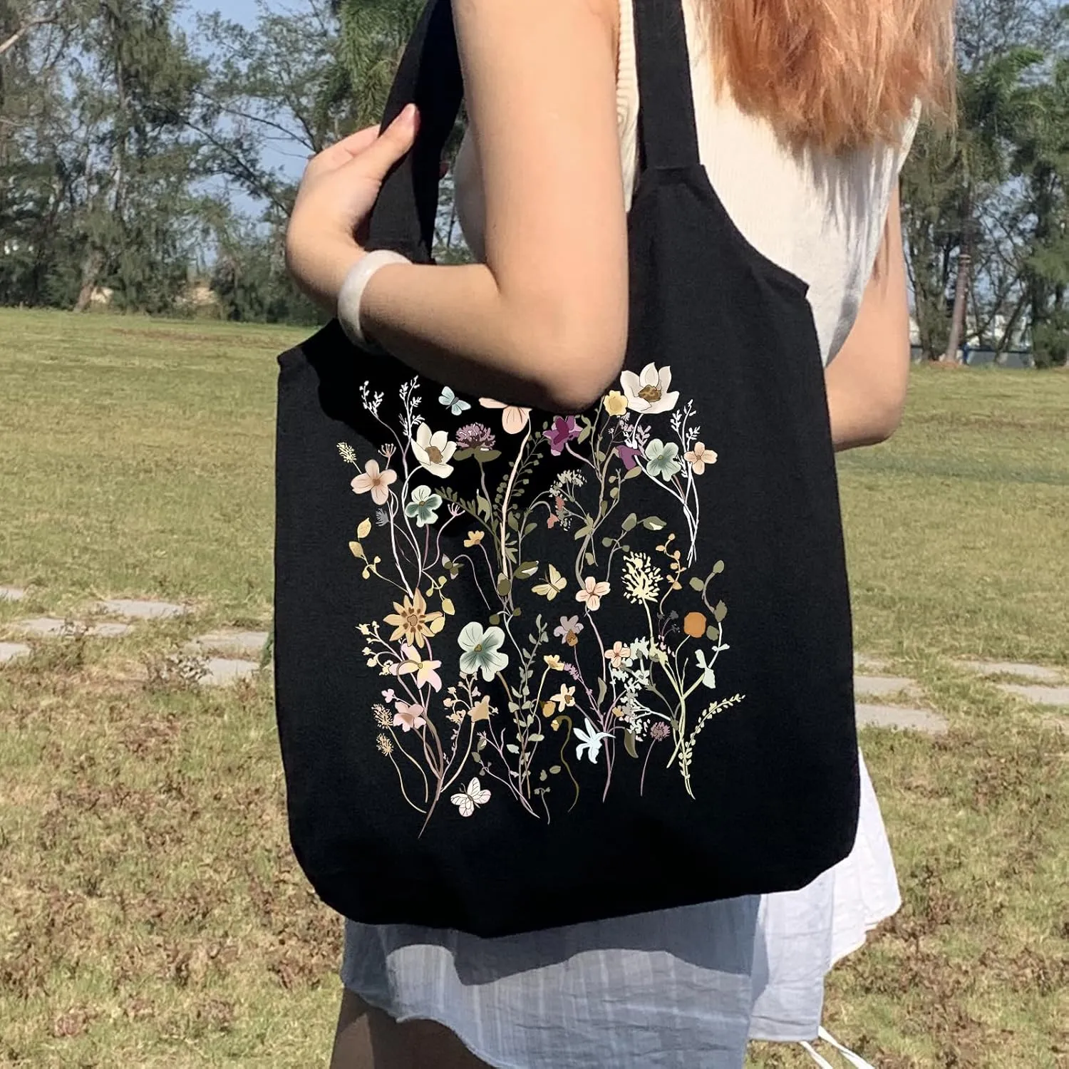 KIEKIECOO Canvas Tote Bag Black Aesthetic Personalized Custom Reusable Grocery Bags Floral Line Art Shopping Shoulder Bag
