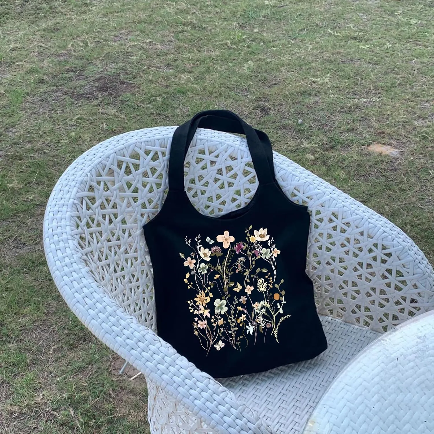 KIEKIECOO Canvas Tote Bag Black Aesthetic Personalized Custom Reusable Grocery Bags Floral Line Art Shopping Shoulder Bag