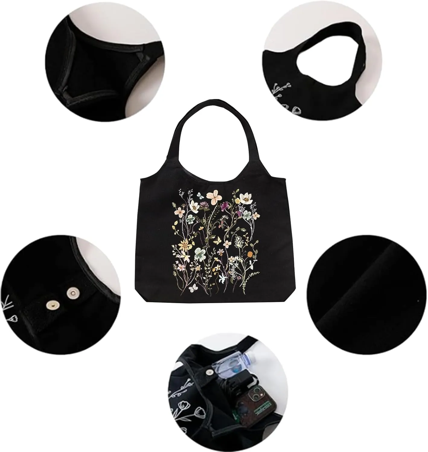 KIEKIECOO Canvas Tote Bag Black Aesthetic Personalized Custom Reusable Grocery Bags Floral Line Art Shopping Shoulder Bag