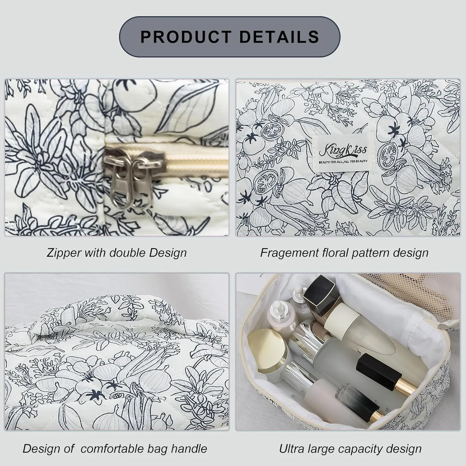 kingkiss Makeup Bag, Quilted Cosmetic Bag, Large Capacity Make Up Bag for Women, Cute Floral Storage Toiletry Bag Travel Storage Makeup Bag(Black Flower)