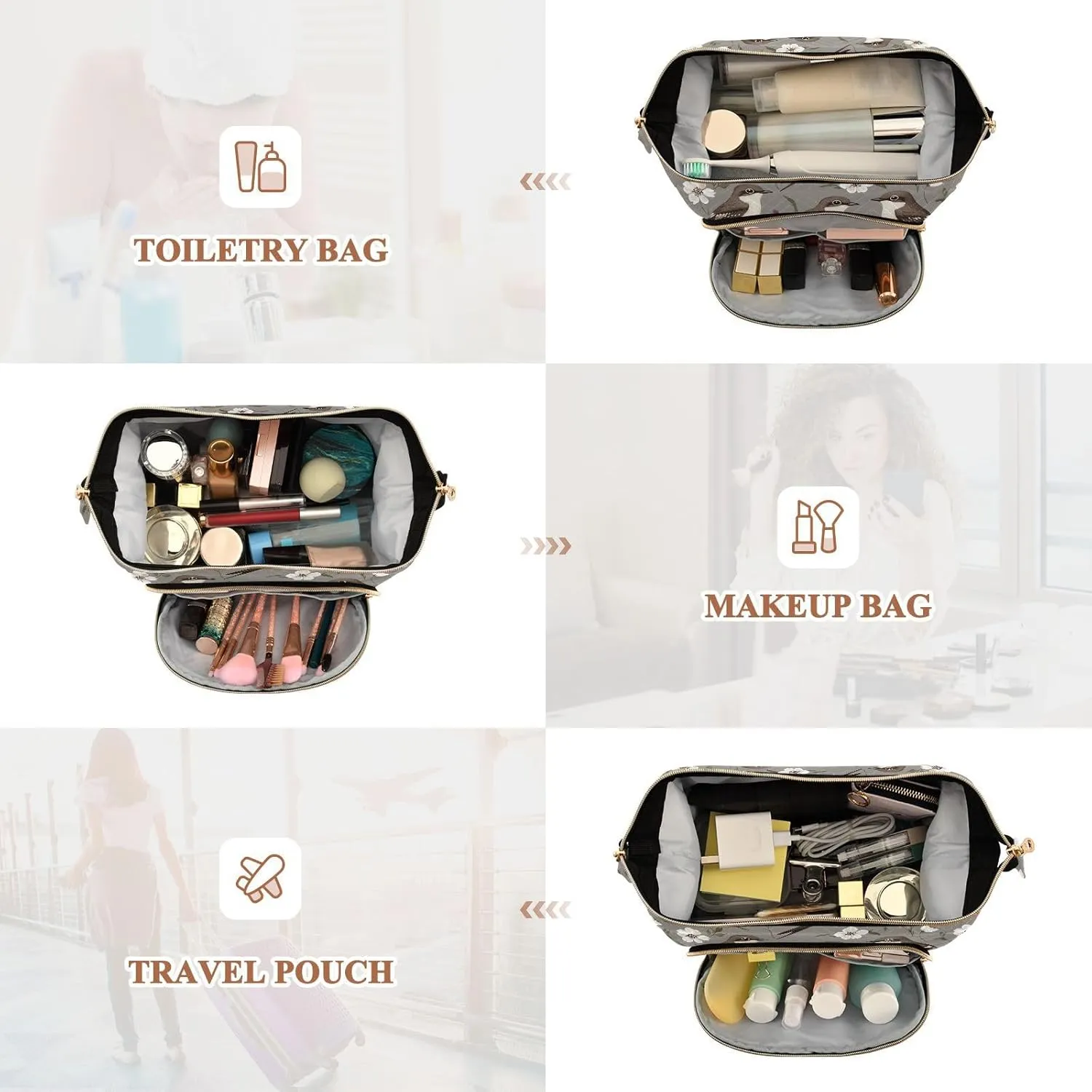 KLL Chic Chimney Swift Birds Grey Travel Bag Portable Cosmetic Bags For Women Travel Jewelry for Essentials For Women