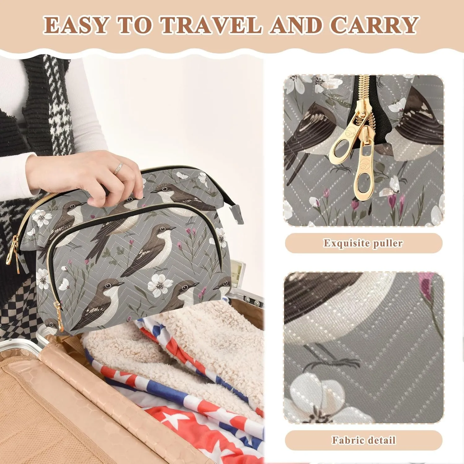 KLL Chic Chimney Swift Birds Grey Travel Bag Portable Cosmetic Bags For Women Travel Jewelry for Essentials For Women