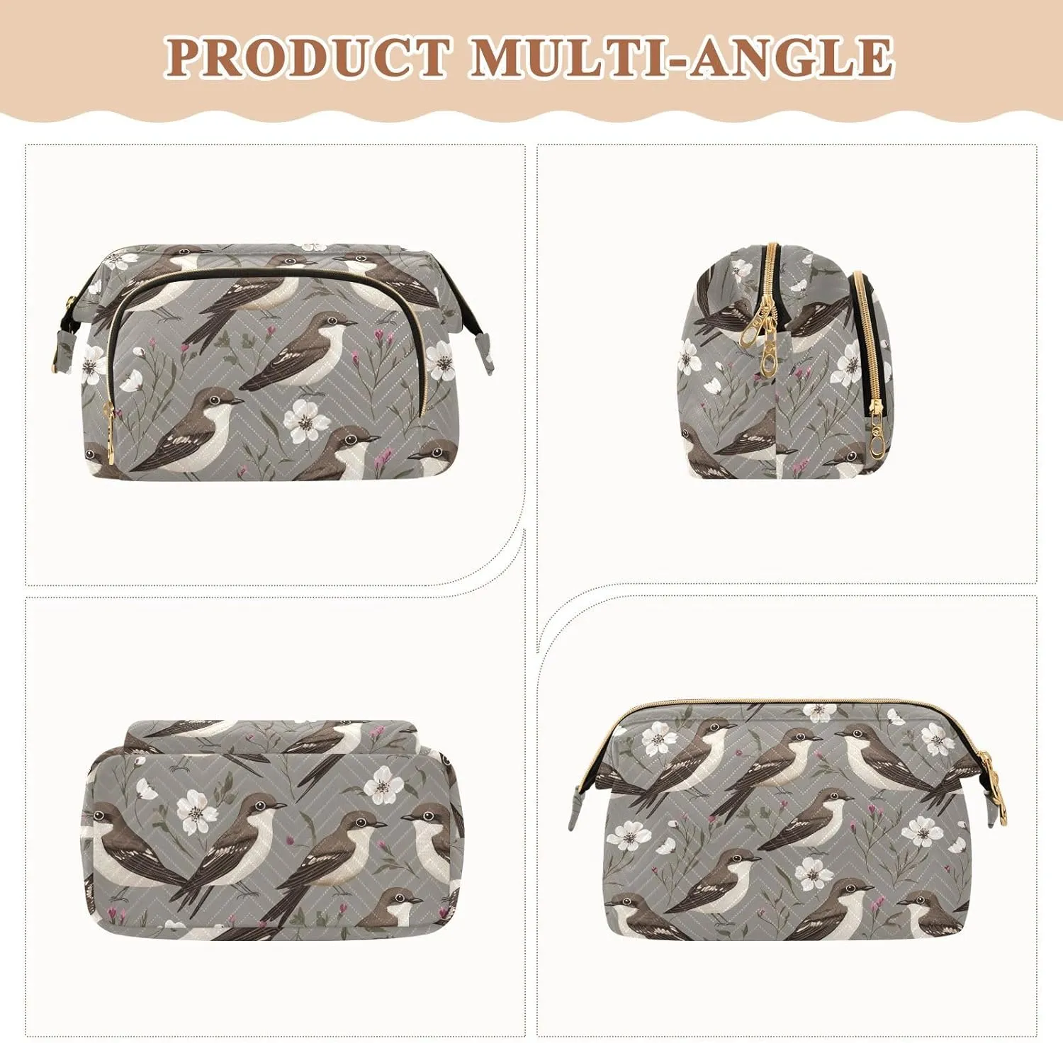 KLL Chic Chimney Swift Birds Grey Travel Bag Portable Cosmetic Bags For Women Travel Jewelry for Essentials For Women