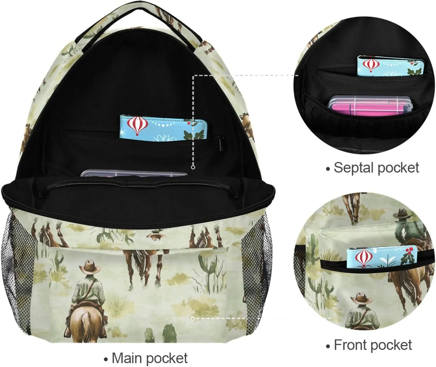 KLL Sport Backpack for Teens Boys Girls Fashion Stylish Travel Bags with Chest Strap for Travel Trip Western Cowboy Horse