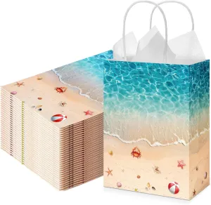 Kolldenn 30 Pcs Beach Party Paper Gift Bags Seashell Beach Decorations Ocean Theme Goody Favor Bags with Handle Ocean Waves Birthday Party Supplies for Baby Shower Wedding Luau Tropical Holiday
