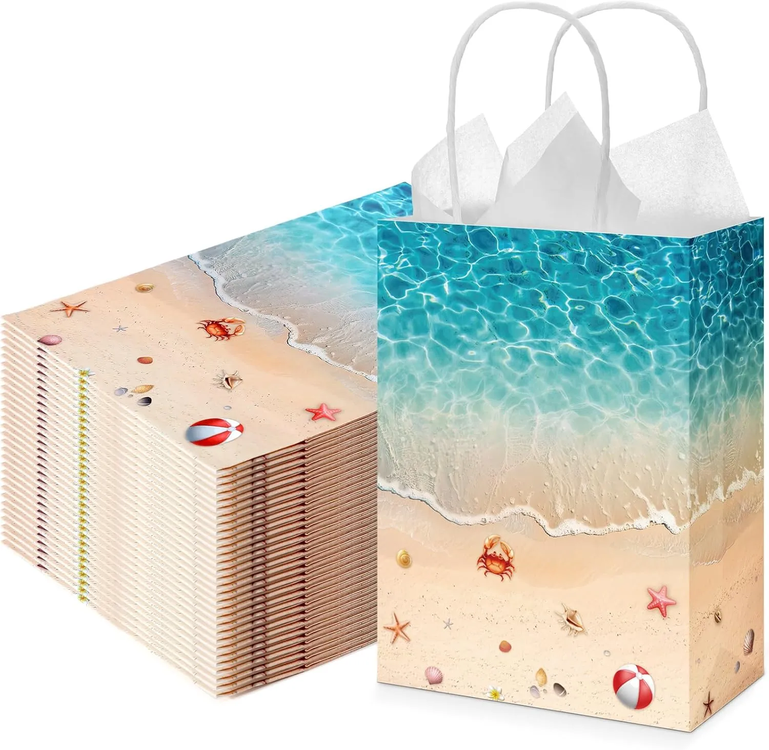 Kolldenn 30 Pcs Beach Party Paper Gift Bags Seashell Beach Decorations Ocean Theme Goody Favor Bags with Handle Ocean Waves Birthday Party Supplies for Baby Shower Wedding Luau Tropical Holiday