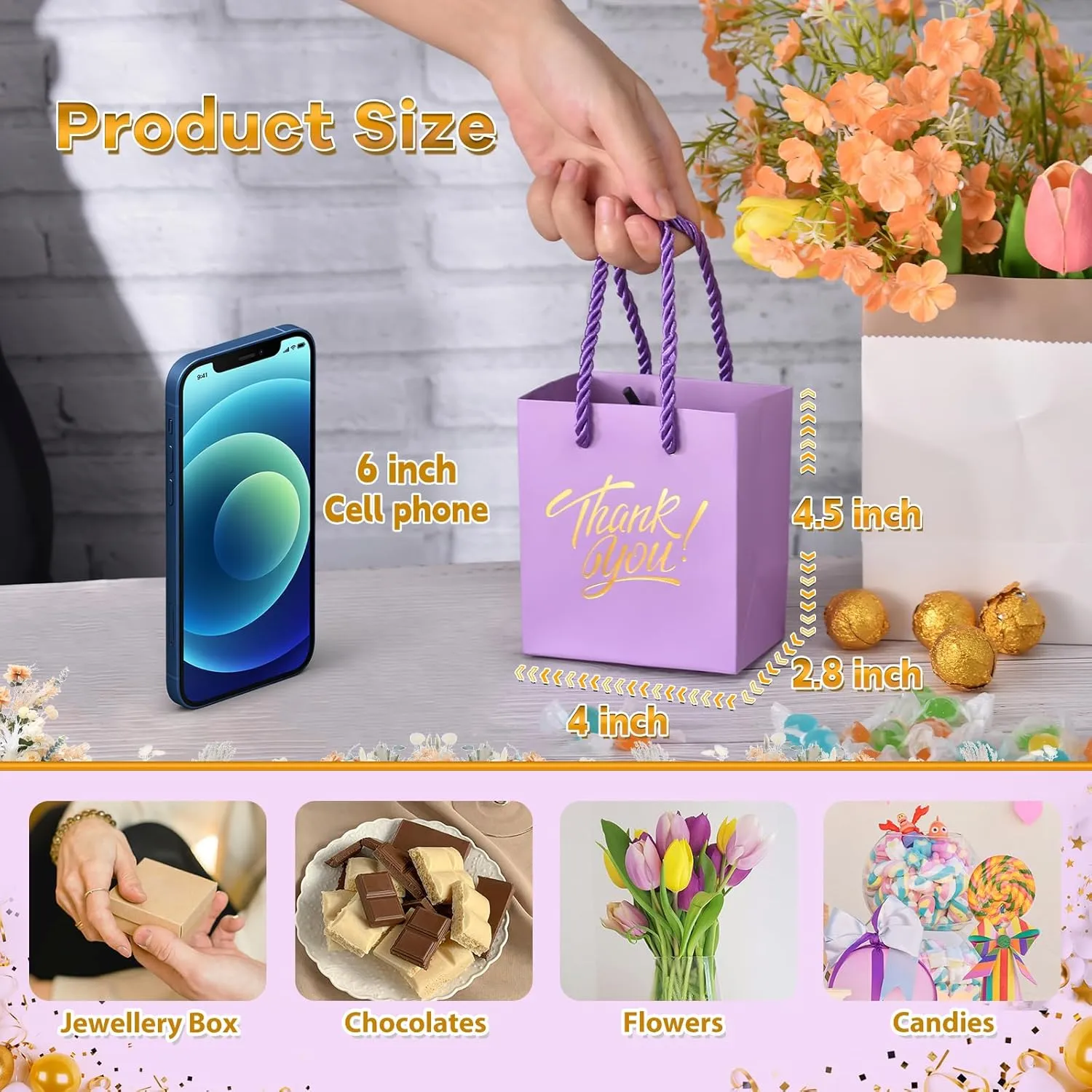 KPOSIYA Small Thank You Gift Bags - 35pcs Mini Bags With Handles, 4 x 2.75 x 4.5 Purple With Tag for Christmas Thanksgiving Party Favors (Purple Gold)