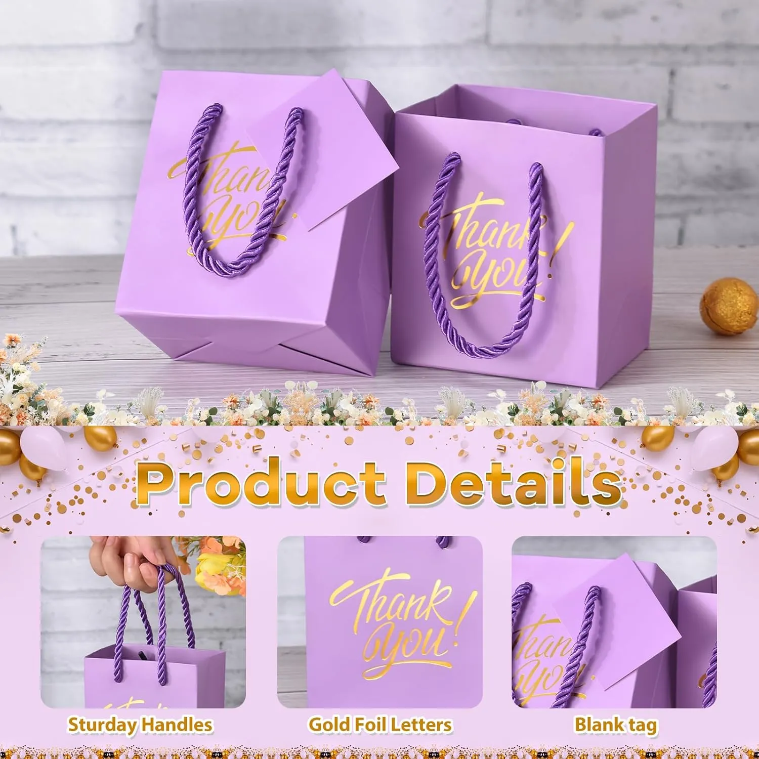 KPOSIYA Small Thank You Gift Bags - 35pcs Mini Bags With Handles, 4 x 2.75 x 4.5 Purple With Tag for Christmas Thanksgiving Party Favors (Purple Gold)