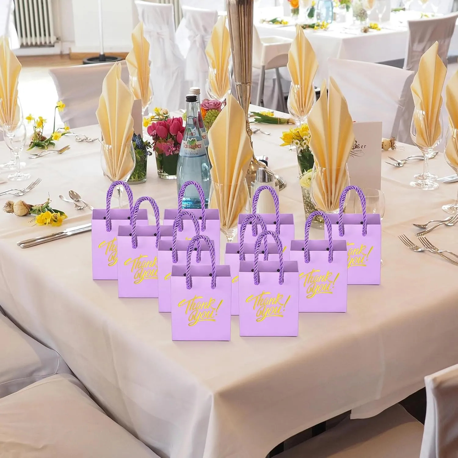 KPOSIYA Small Thank You Gift Bags - 35pcs Mini Bags With Handles, 4 x 2.75 x 4.5 Purple With Tag for Christmas Thanksgiving Party Favors (Purple Gold)