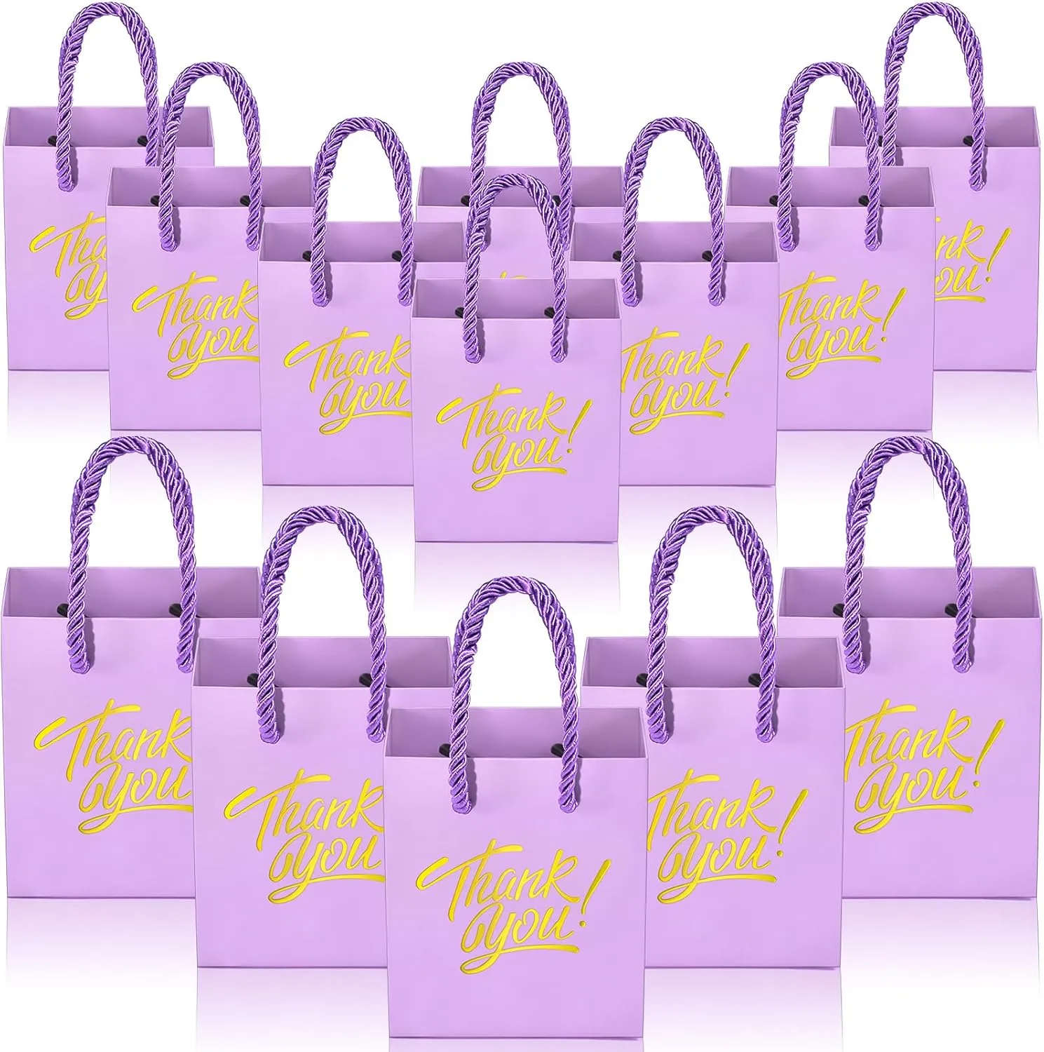 KPOSIYA Small Thank You Gift Bags - 35pcs Mini Bags With Handles, 4 x 2.75 x 4.5 Purple With Tag for Christmas Thanksgiving Party Favors (Purple Gold)