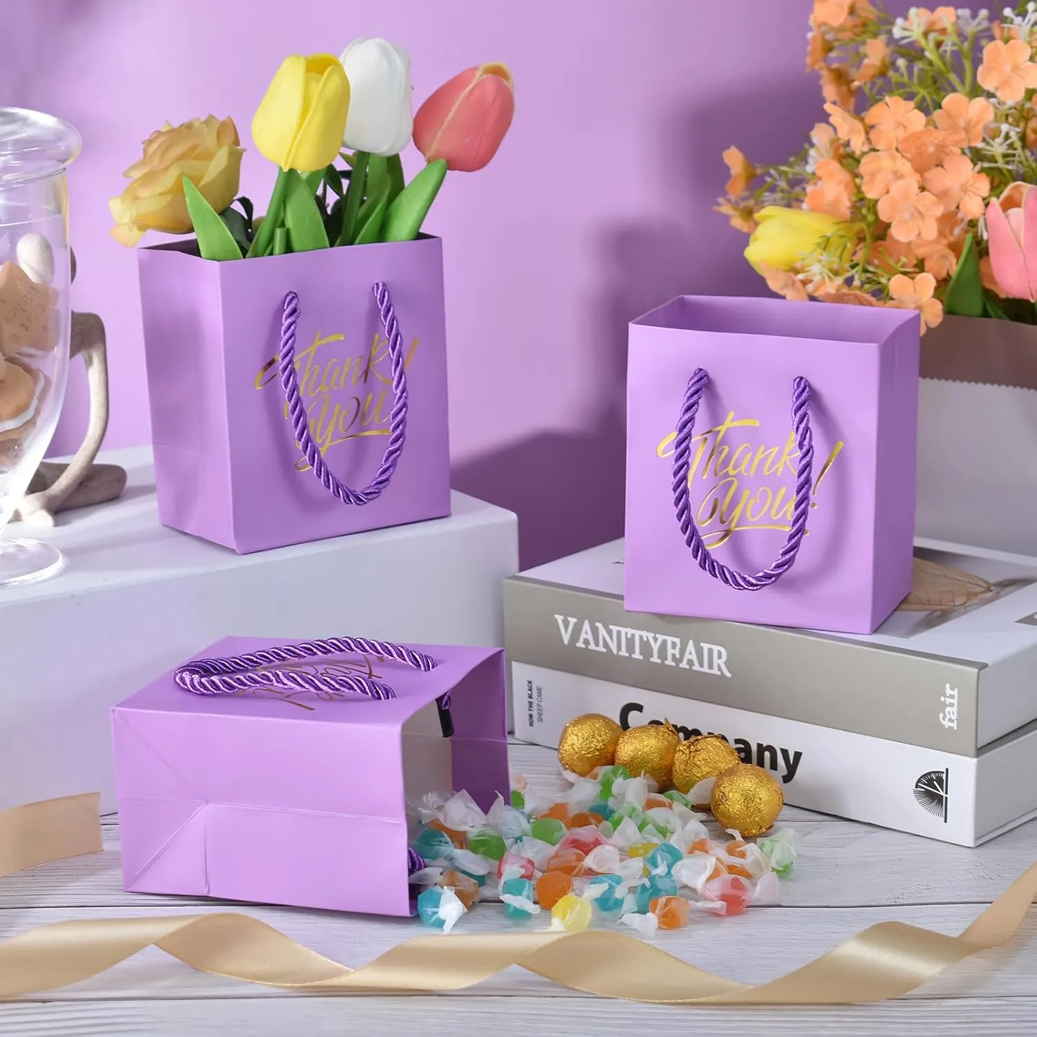 KPOSIYA Small Thank You Gift Bags - 35pcs Mini Bags With Handles, 4 x 2.75 x 4.5 Purple With Tag for Christmas Thanksgiving Party Favors (Purple Gold)