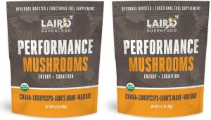 Laird Superfood Organic Performance Mushroom Blend with Chaga, Cordyceps, Lion's Mane and Maitake for Energy and Cognition, 3.17 oz. Bag, Pack of 2