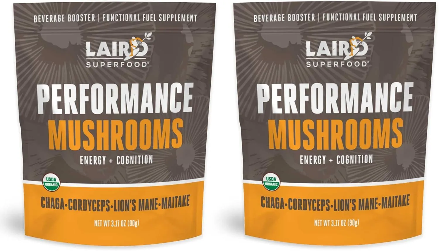 Laird Superfood Organic Performance Mushroom Blend with Chaga, Cordyceps, Lion's Mane and Maitake for Energy and Cognition, 3.17 oz. Bag, Pack of 2