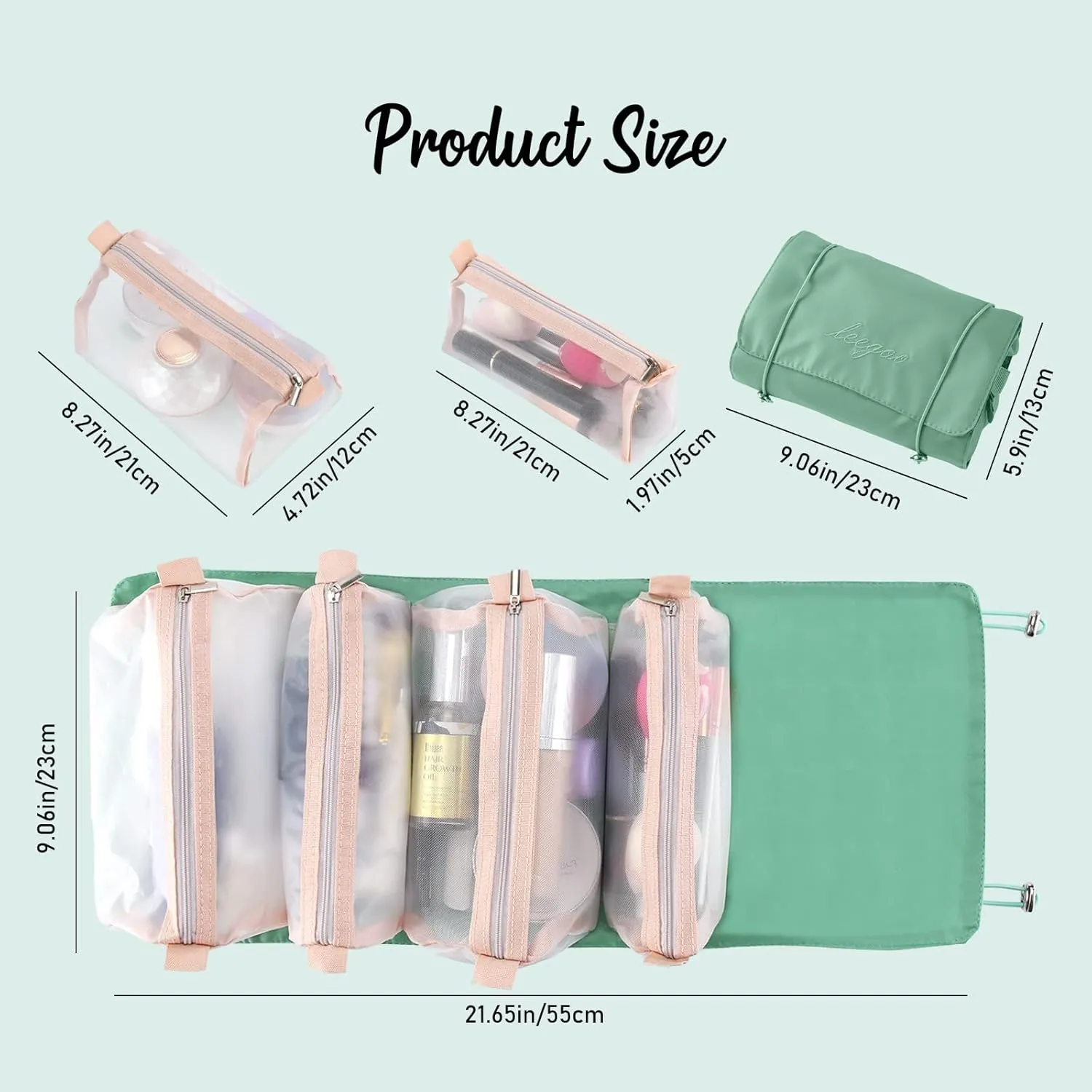 LAKSMI 4-in-1 Hanging Cosmetic Organizer - Portable Detachable Folding Mesh Travel Bag Set with Multiple Compartments, Ideal for Makeup and Toiletries,Green