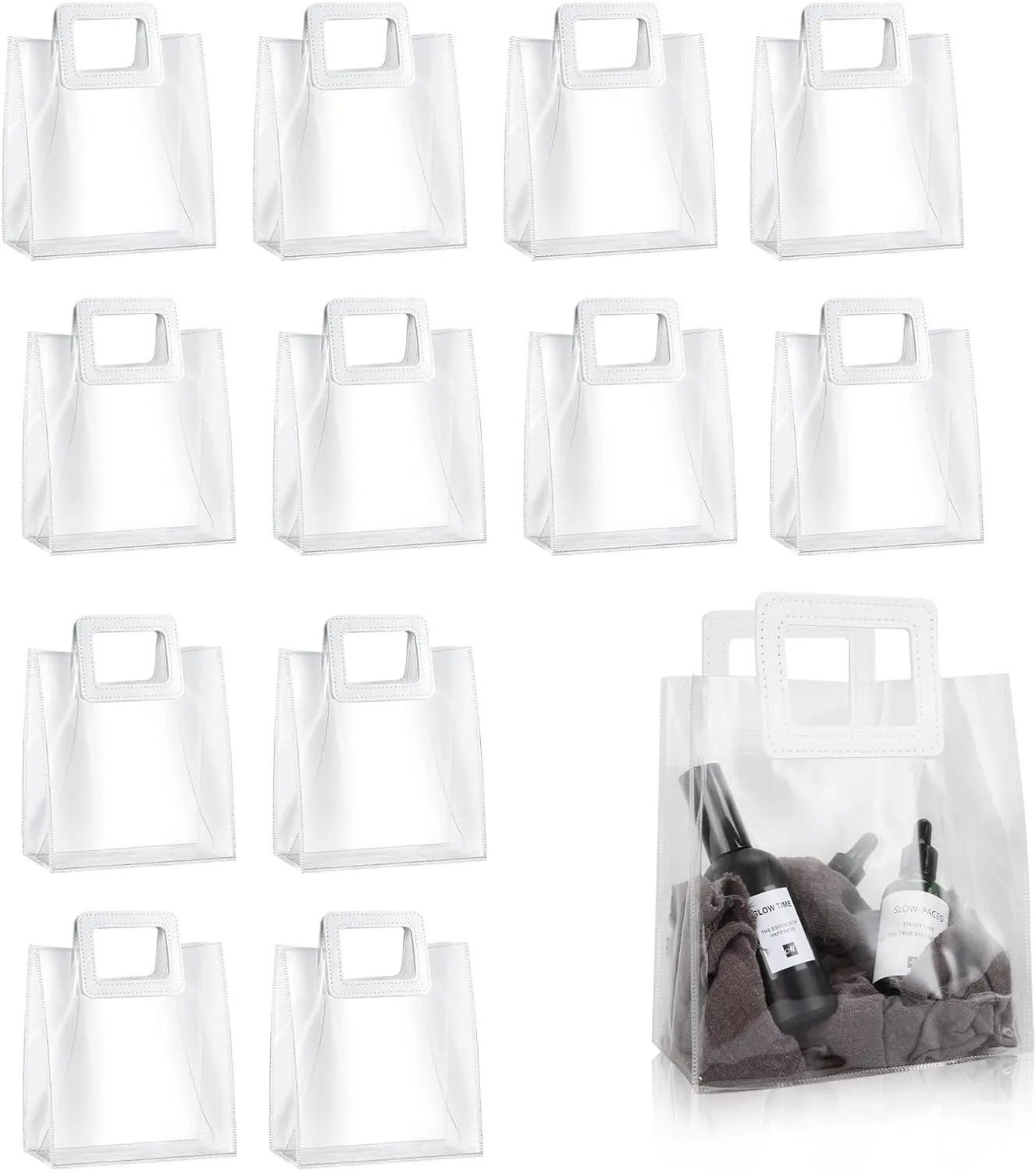 LANIAKEA 10PCS Clear Reusable PVC Gift Bags with Handles, Transparent for Party, Wedding Favor, Shopping (7 x 8 x 4 Inch)