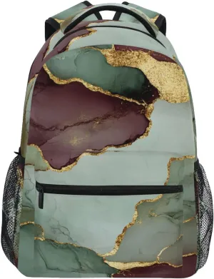Laptop Backpack for Men Women Fashion School Book Bag with Chest Strap Gift Men & Women Marble Sage Green Burgundy
