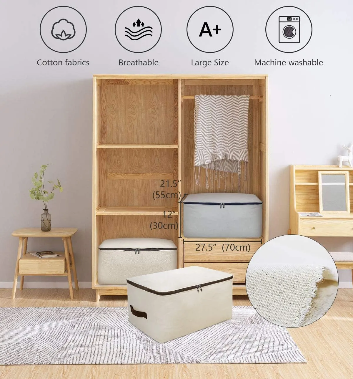 Large Canvas Soft Bedding, Garment Storage Organizer Bag for Wardrobe, Oversize Breathable Soft Bags for Queen/King Size Blankets, Duvets, Beige