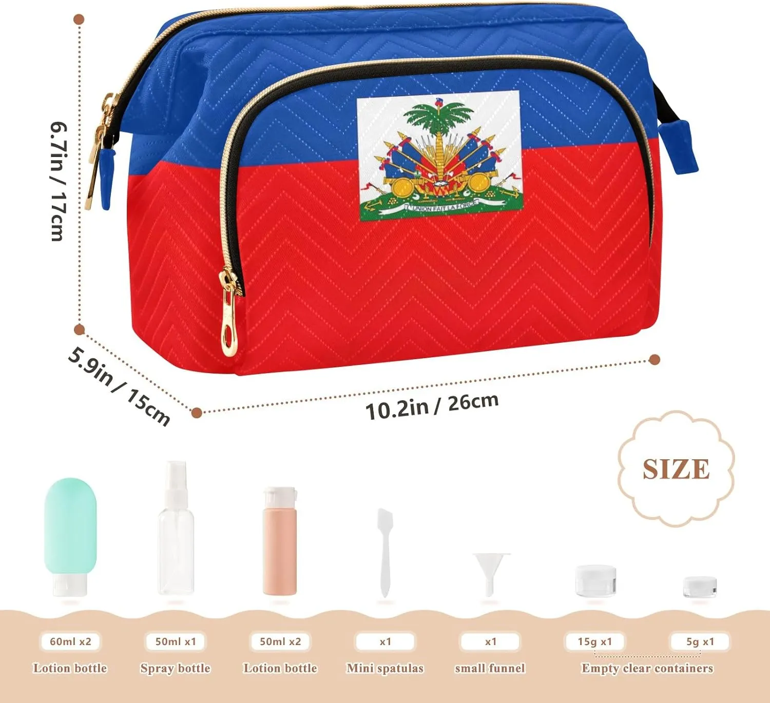Large Capacity Cosmetic Bag Haiti Flag Wide-open Pouch Purse with 9-Piece Accessory Set, Toiletry Makeup Bags for Traveling Women
