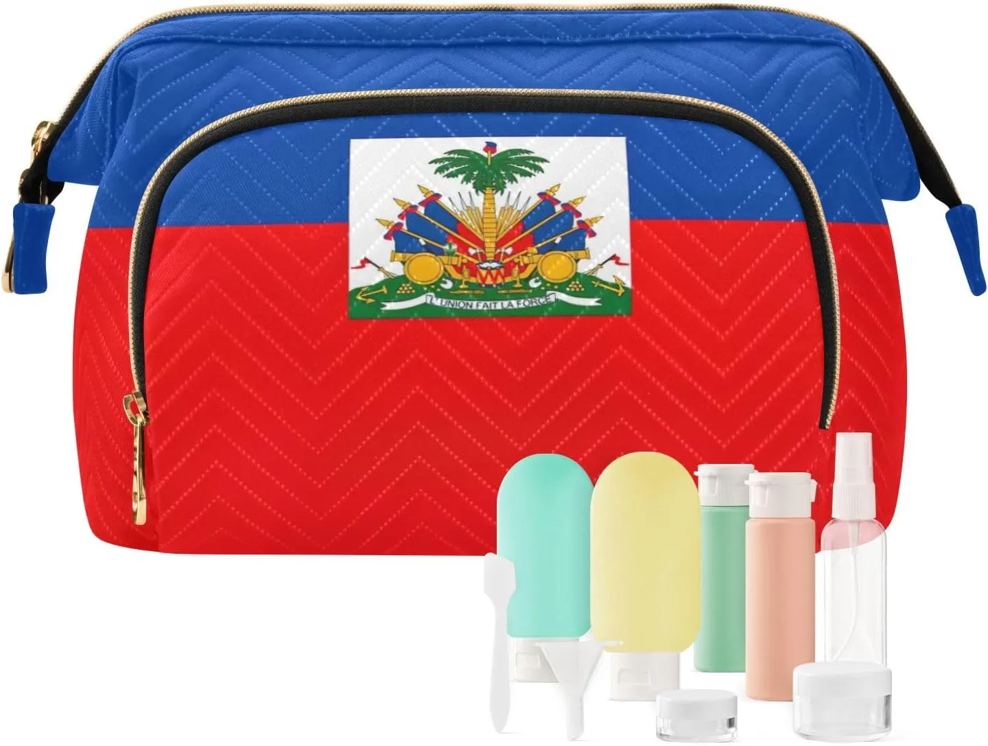 Large Capacity Cosmetic Bag Haiti Flag Wide-open Pouch Purse with 9-Piece Accessory Set, Toiletry Makeup Bags for Traveling Women