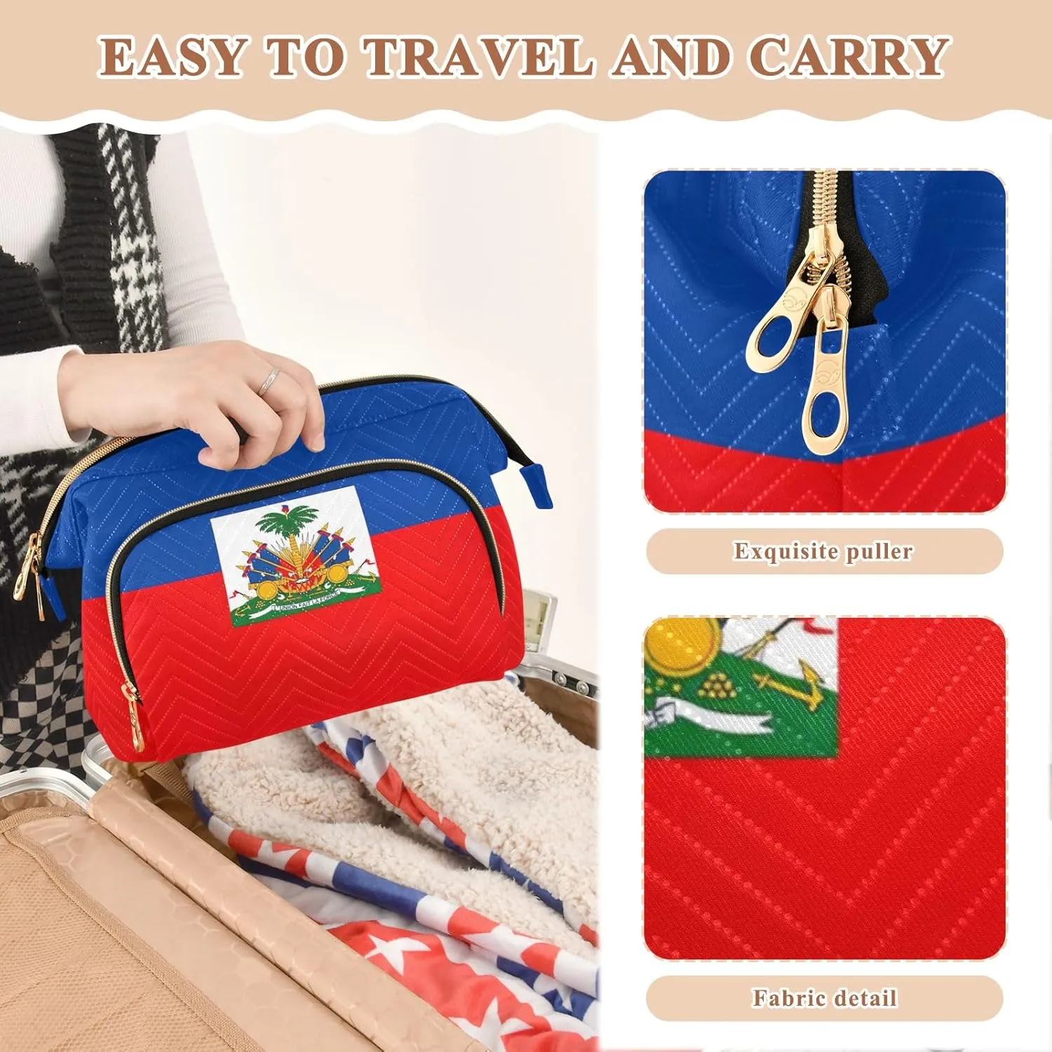 Large Capacity Cosmetic Bag Haiti Flag Wide-open Pouch Purse with 9-Piece Accessory Set, Toiletry Makeup Bags for Traveling Women