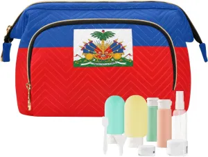 Large Capacity Cosmetic Bag Haiti Flag Wide-open Pouch Purse with 9-Piece Accessory Set, Toiletry Makeup Bags for Traveling Women