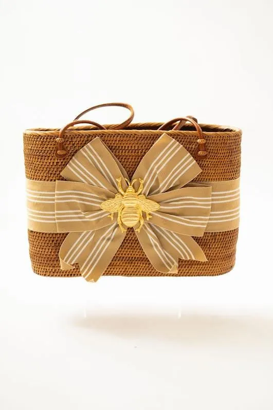 Large Charlotte - Khaki and White Stripe Fluffy Bow with XL Bee