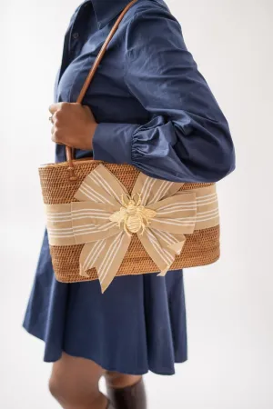 Large Charlotte - Khaki and White Stripe Fluffy Bow with XL Bee