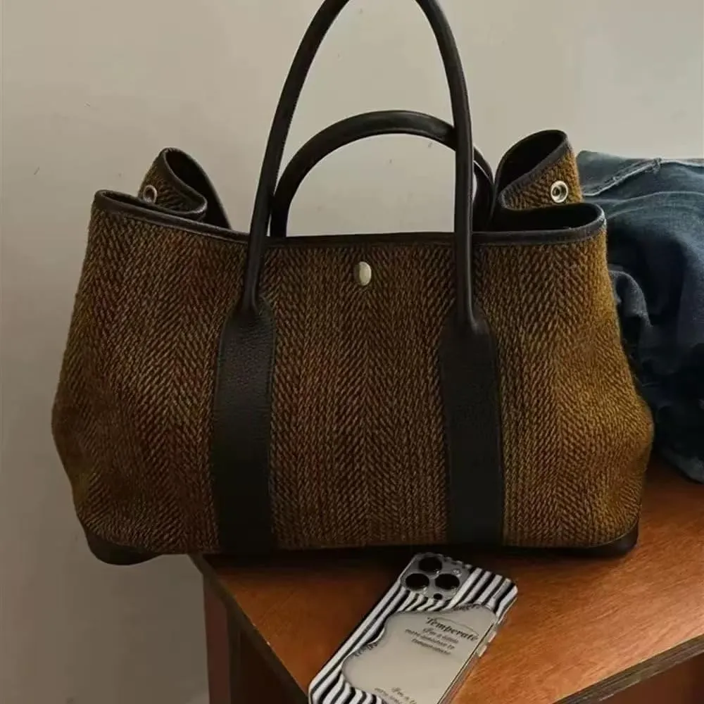Large one-shoulder tote bag, vintage casual Maillard wool, 14 inches, large capacity and light weight
