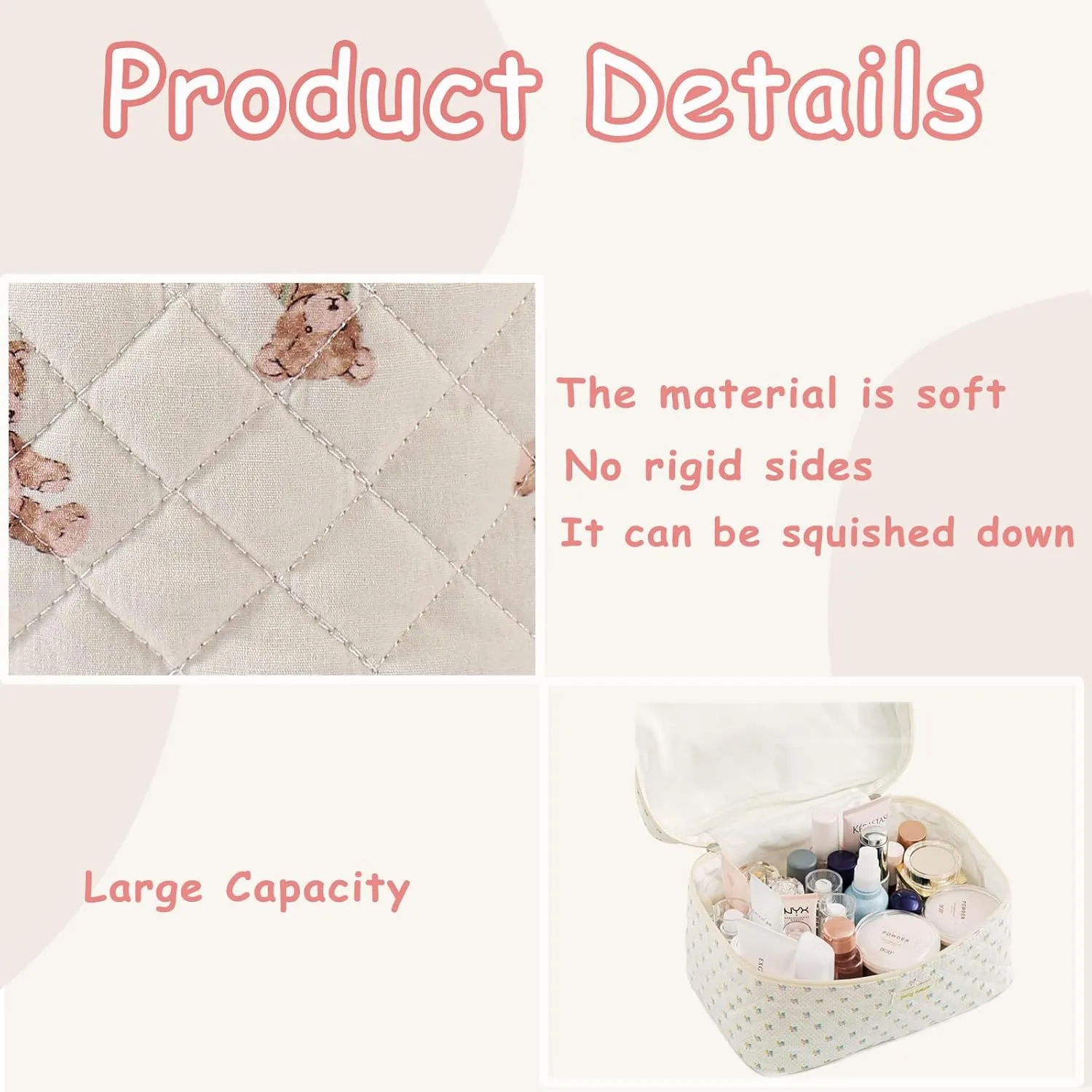 Large Quilted Makeup Bag for Women and Girls, Cute Coquette Floral Cotton Cosmetic Bag, Aesthetic Travel Organized Toiletry Bags (06 White Bears)