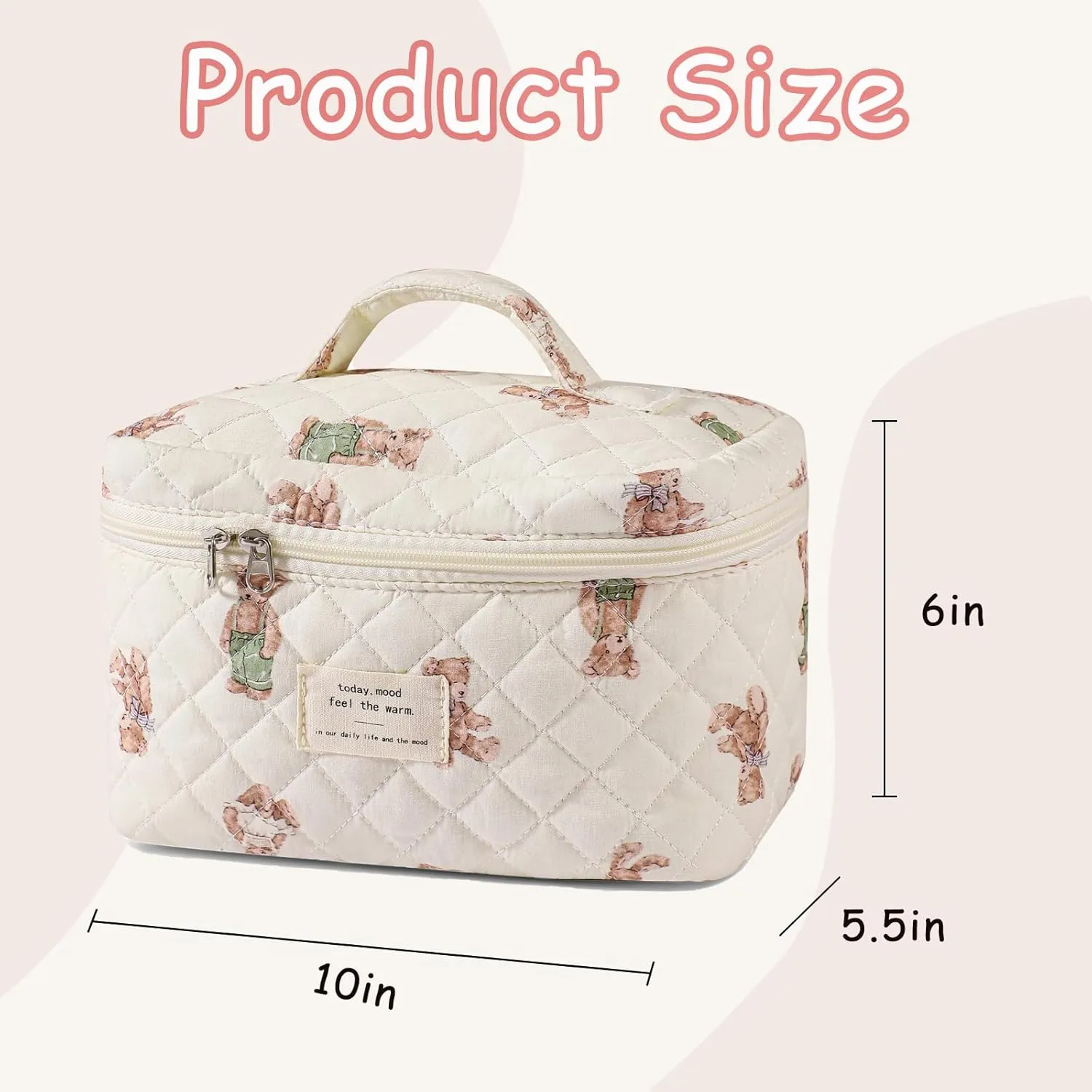 Large Quilted Makeup Bag for Women and Girls, Cute Coquette Floral Cotton Cosmetic Bag, Aesthetic Travel Organized Toiletry Bags (06 White Bears)