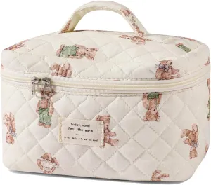 Large Quilted Makeup Bag for Women and Girls, Cute Coquette Floral Cotton Cosmetic Bag, Aesthetic Travel Organized Toiletry Bags (06 White Bears)