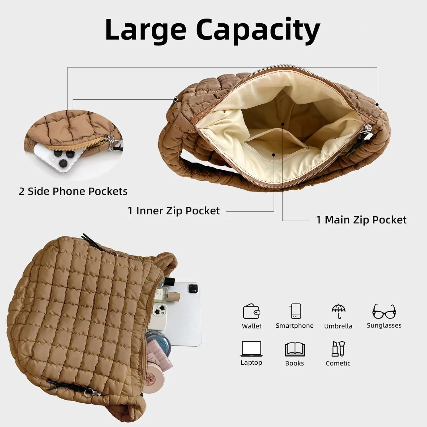 Large Quilted Tote Bag Crossbody Puffer Tote Bags for Women Quilted Hobo Bags Carryall Shoulder Bubble Bag