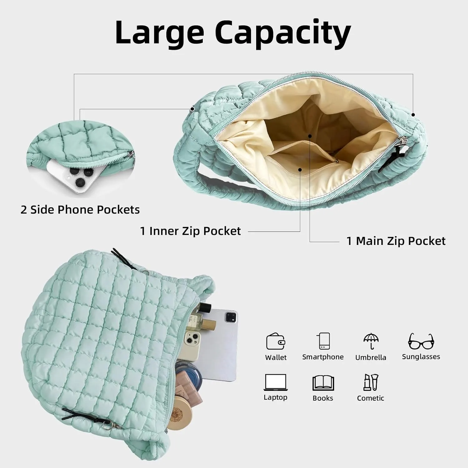 Large Quilted Tote Bag Crossbody Puffer Tote Bags for Women Quilted Hobo Bags Carryall Shoulder Bubble Bag