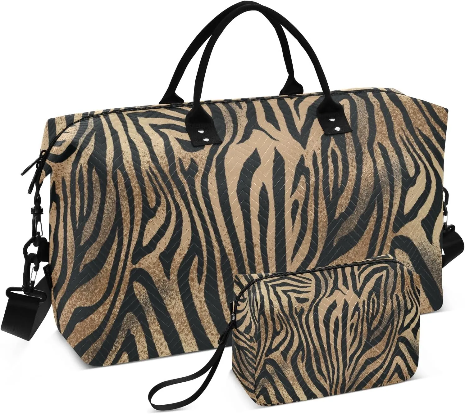 Large Travel Duffel Bag Sports Tote Gym Bag Overnight Weekender Bags Brown Zebra Print Animal Carry On Luggage with Toiletry Bags
