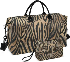 Large Travel Duffel Bag Sports Tote Gym Bag Overnight Weekender Bags Brown Zebra Print Animal Carry On Luggage with Toiletry Bags