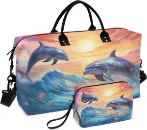 Large Travel Duffel Bag Sports Tote Gym Bag Overnight Weekender Bags Dolphin Sunset Carry On Luggage with Toiletry Bags