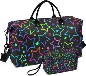 Large Travel Duffel Bag Sports Tote Gym Bag Overnight Weekender Bags Rainbow Stars Starry Neon Carry On Luggage with Toiletry Bags